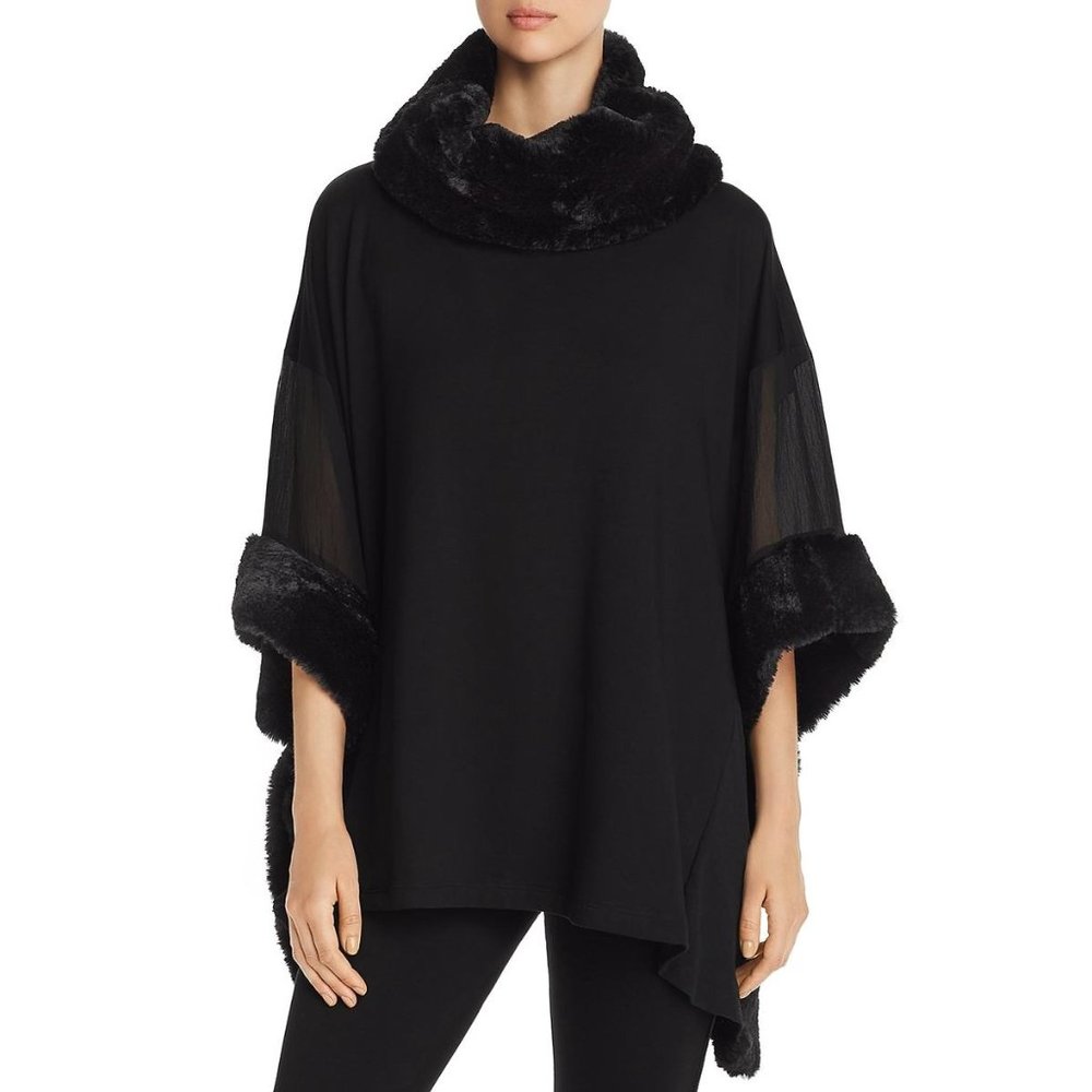 NWT TES Capote Cape Poncho Sweater with Faux Fur Trim in Black, Size S/M
